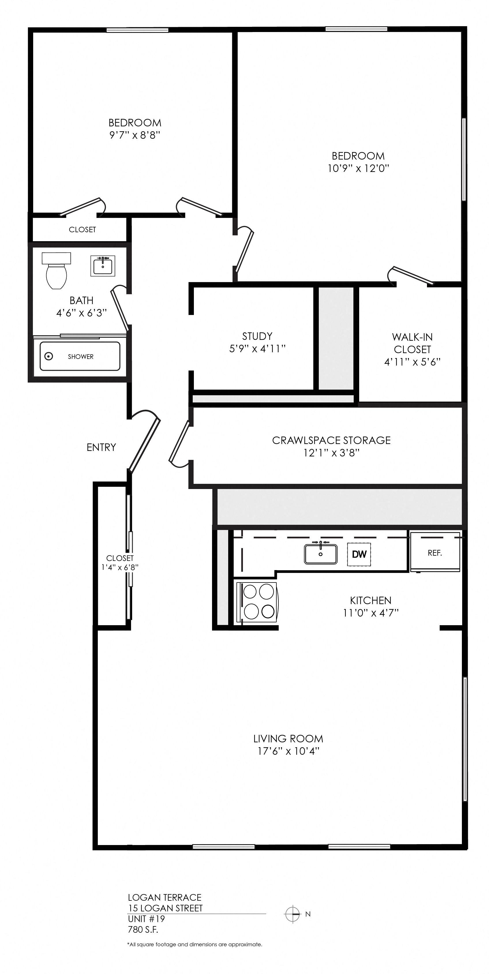 Floor plan for 2 beds, 1 bath, 605 sqft